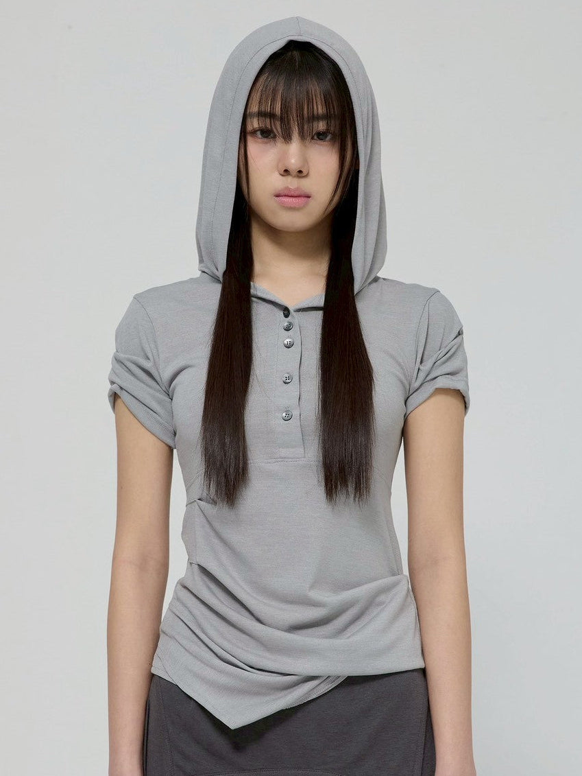 6/22 21:00発売【FLAREUP】Asymmetrical Half Sleeve Draped Hoodie