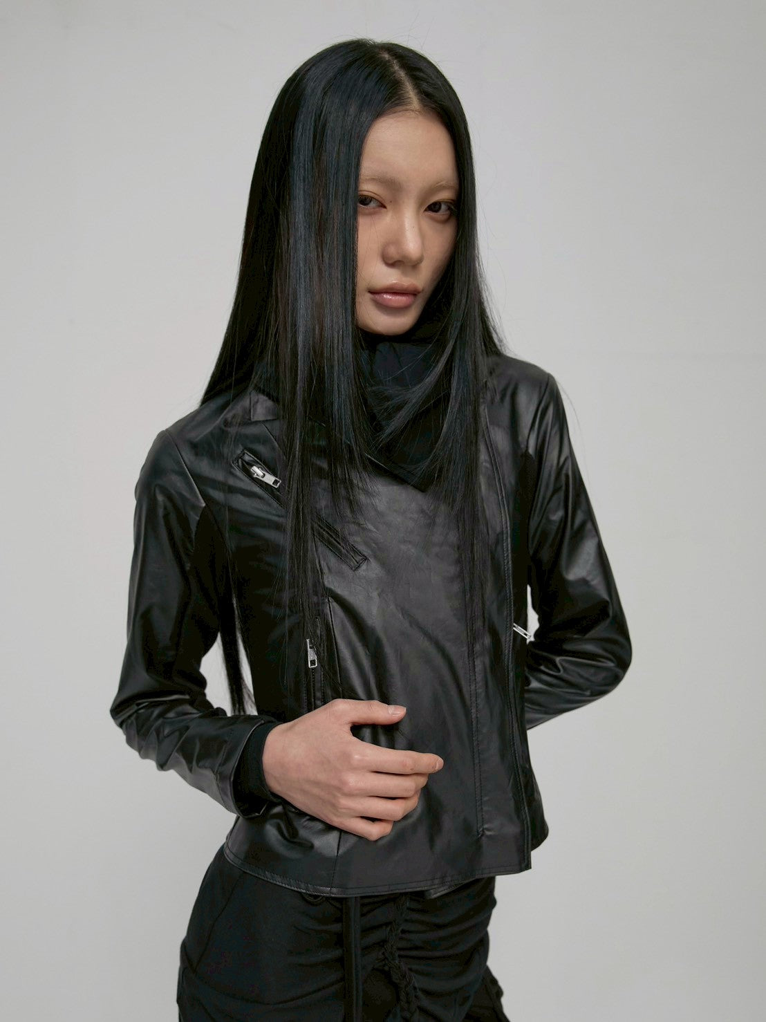 【FLAREUP】Asymmetrical Biker Leather Jacket