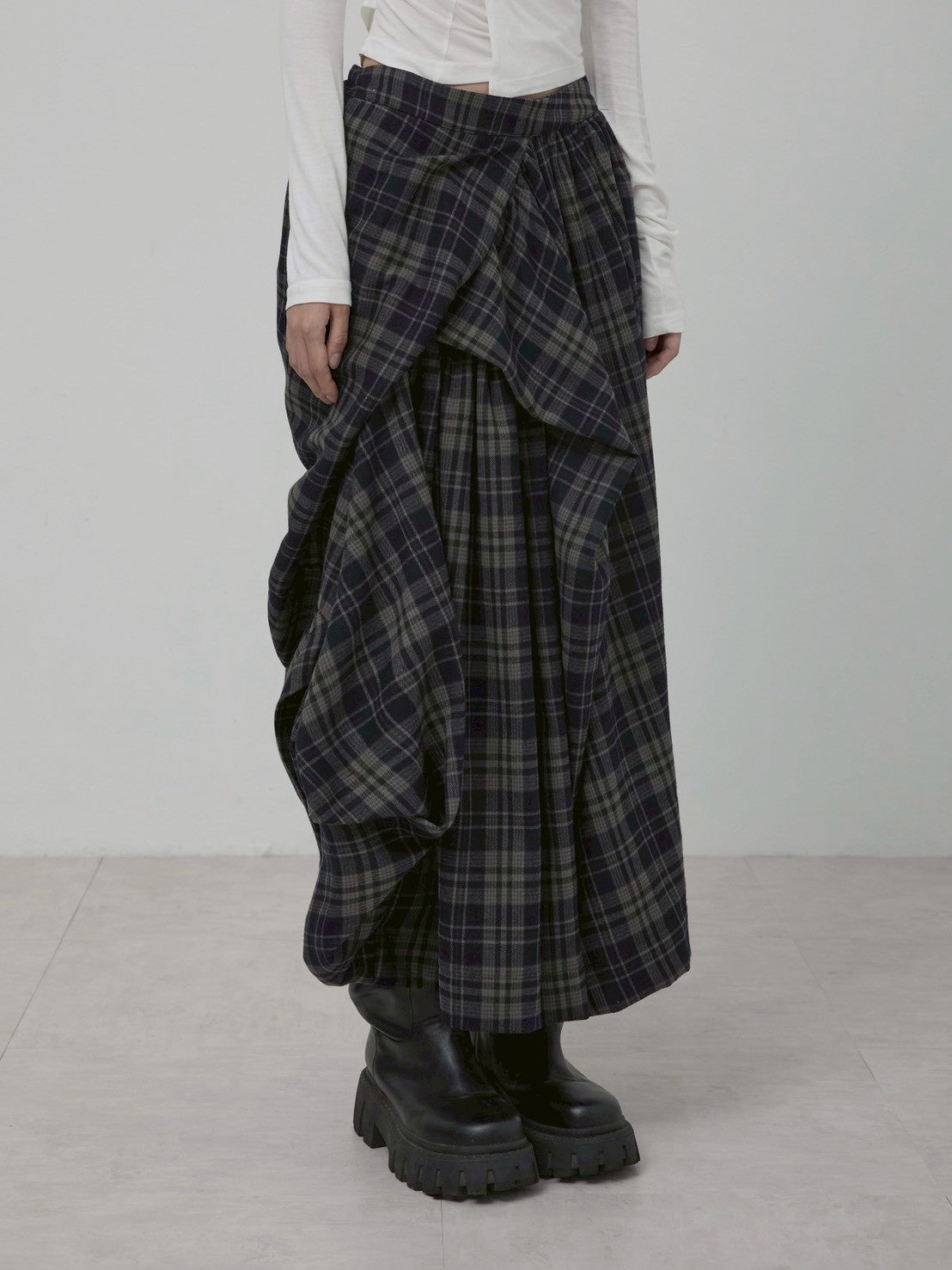 【FLAREUP】Asymmetrical Draped Layered Long Skirt