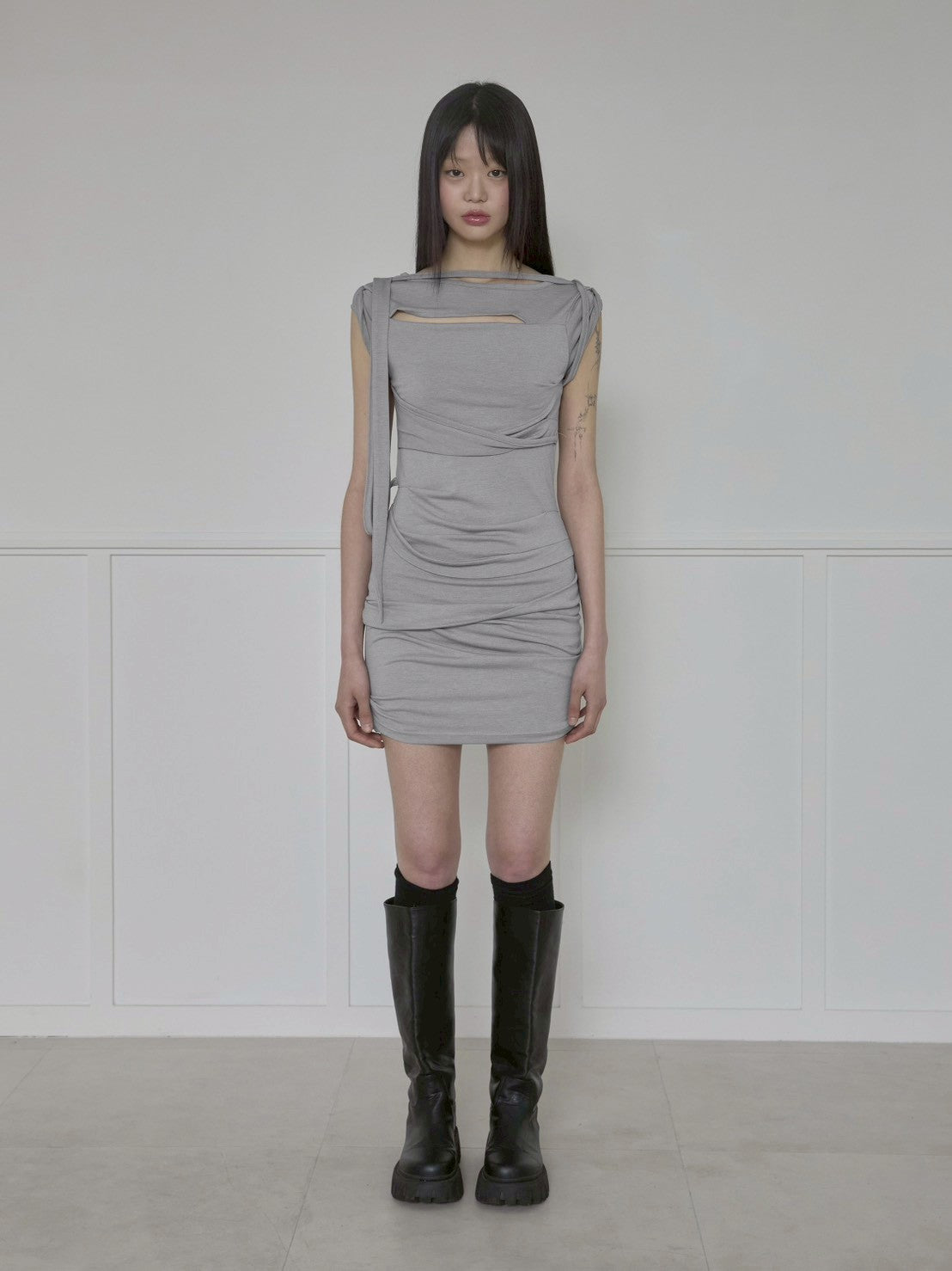【FLAREUP】Asymmetrical Draped Strap Roll-Up T-Shirt