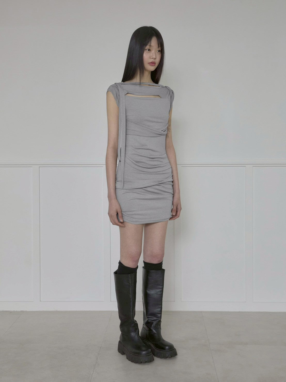 【FLAREUP】Asymmetrical Draped Strap Roll-Up T-Shirt