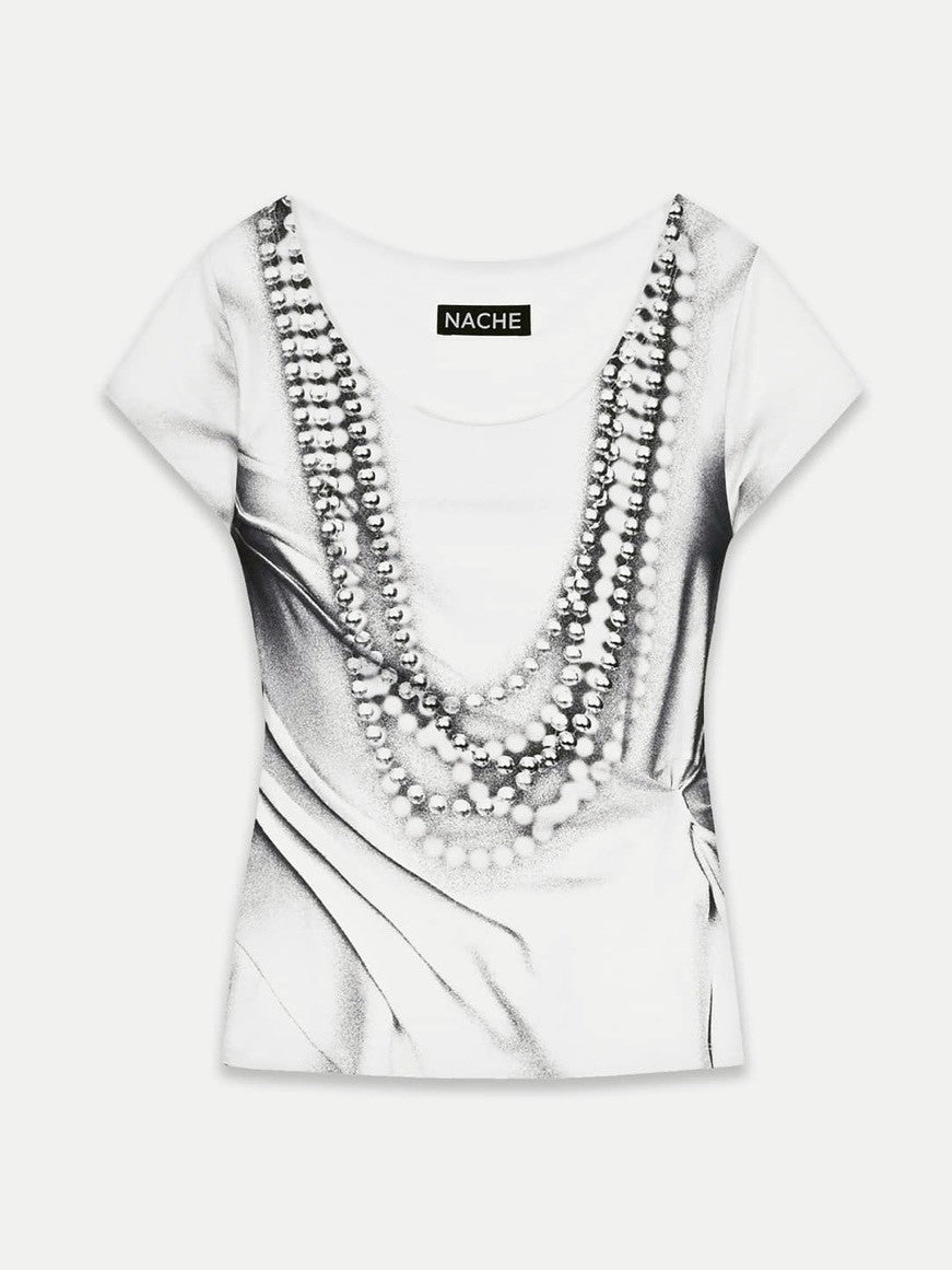 【NACHE】PEARL NECKLACE PRINTED T-SHIRT