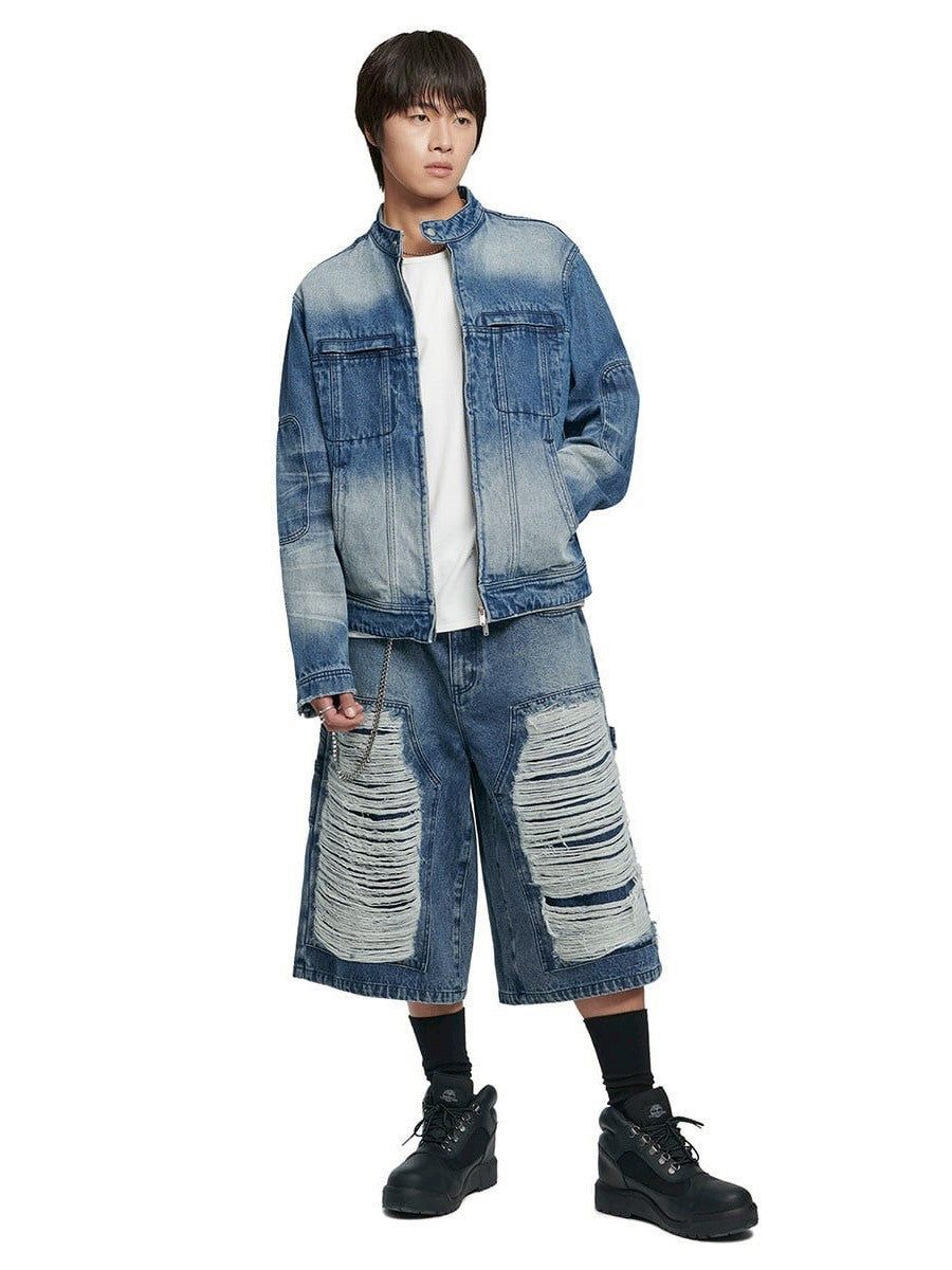 【NOMANUAL】WASHED DENIM RIDER JACKET