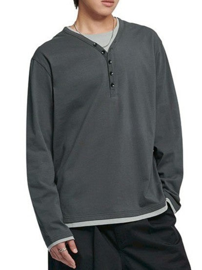 【NOMANUAL】LAYERED HENLEY NECK LONG SLEEVE TEE