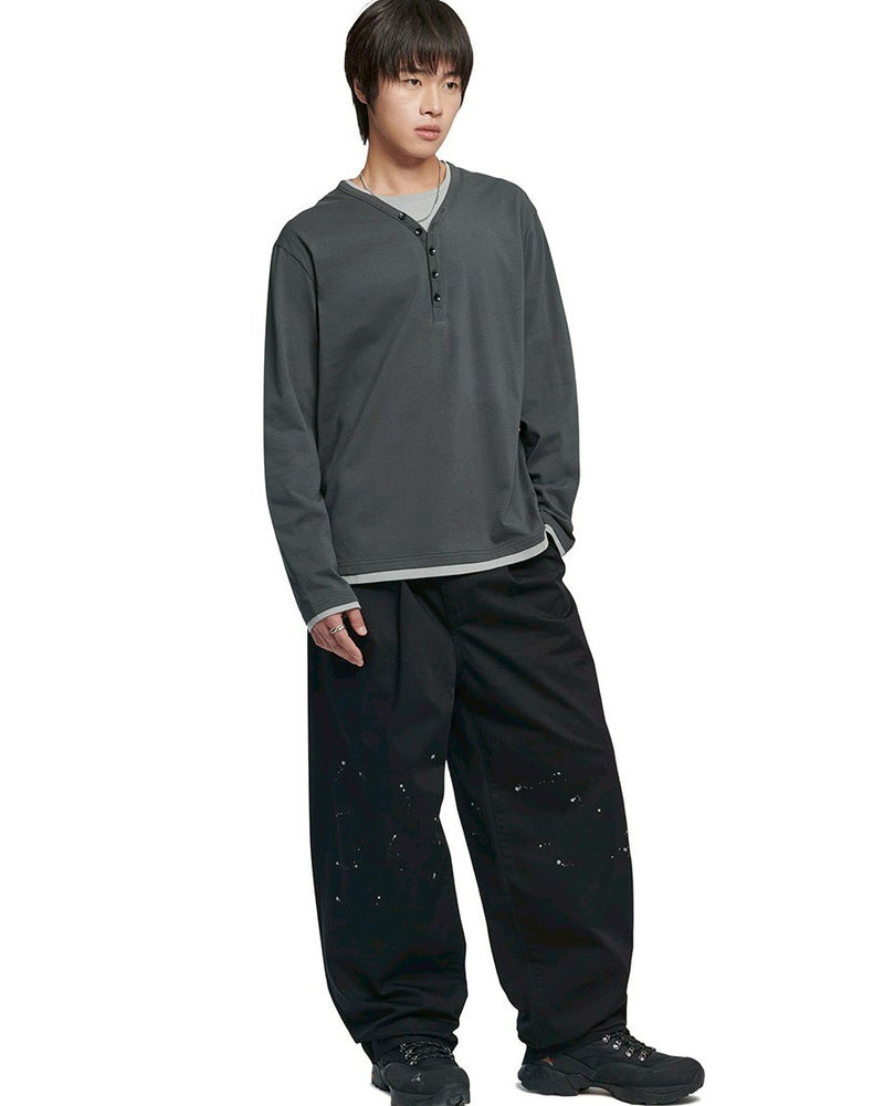 【NOMANUAL】LAYERED HENLEY NECK LONG SLEEVE TEE