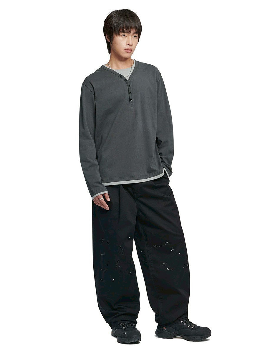 【NOMANUAL】LAYERED HENLEY NECK LONG SLEEVE TEE