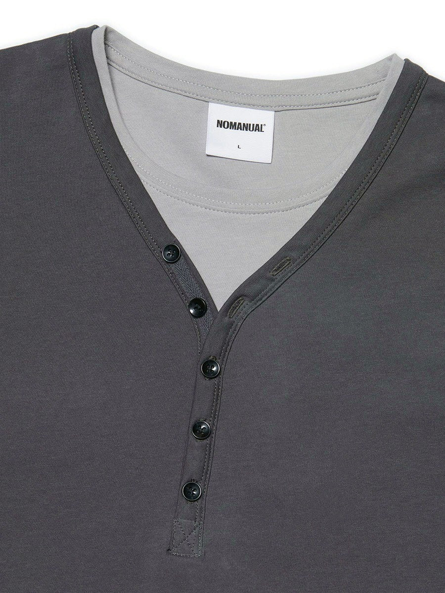 【NOMANUAL】LAYERED HENLEY NECK LONG SLEEVE TEE