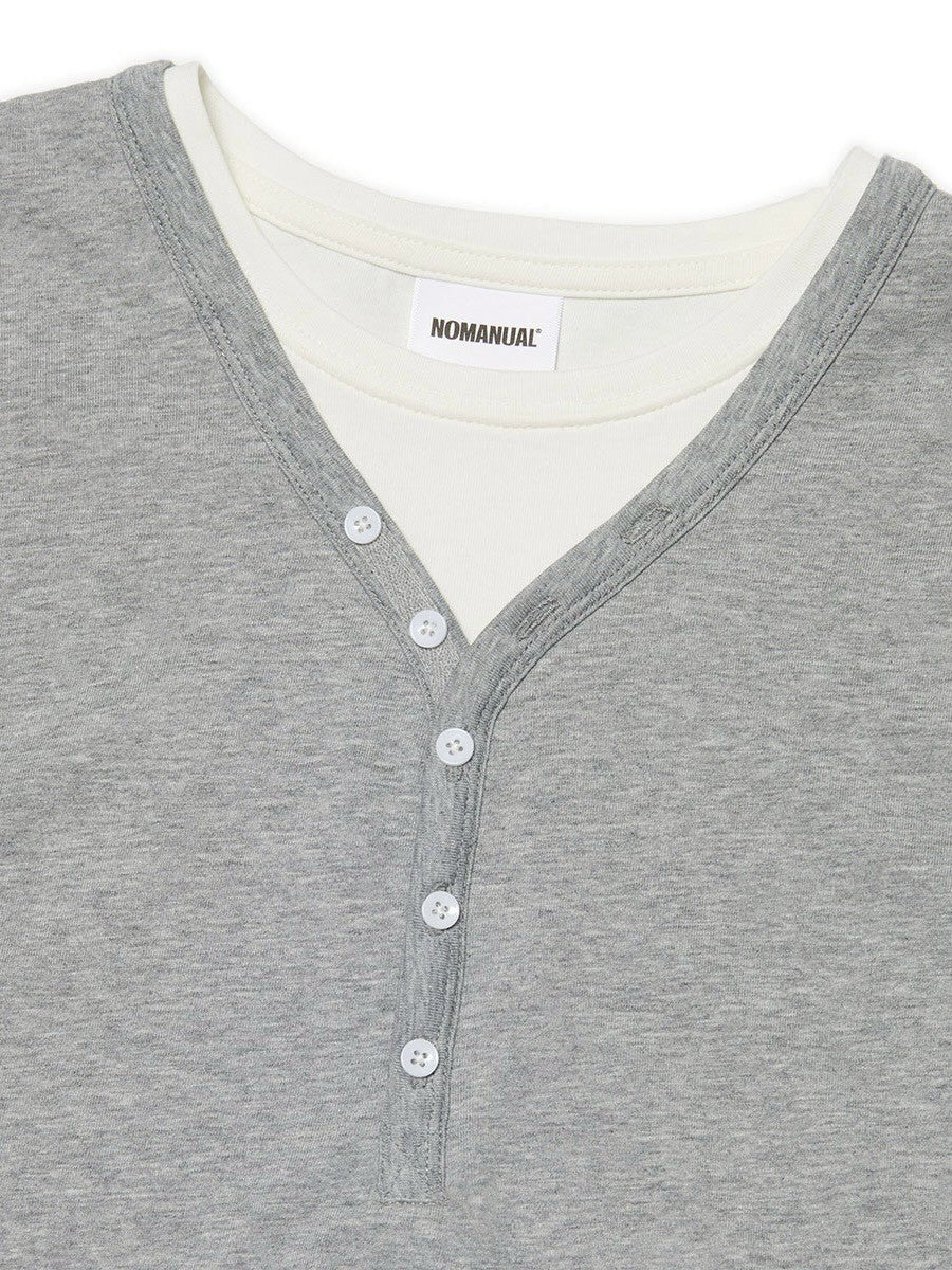 【NOMANUAL】LAYERED HENLEY NECK LONG SLEEVE TEE