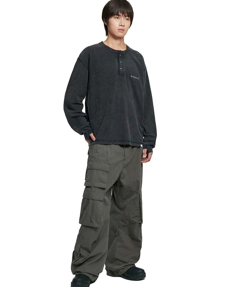 【NOMANUAL】DAMAGED HENLEY NECK SHIRT