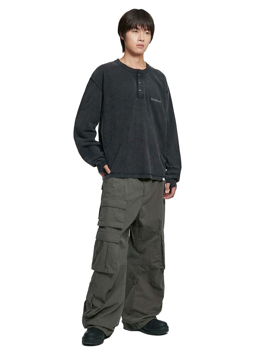 【NOMANUAL】DAMAGED HENLEY NECK SHIRT