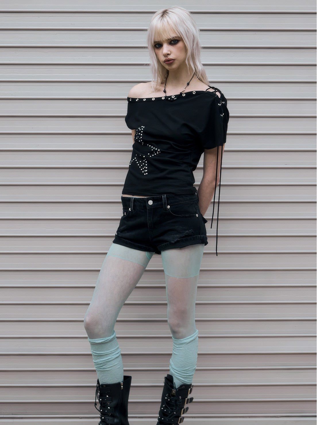 【NOT KNOWING】One Shoulder Lace Up Top