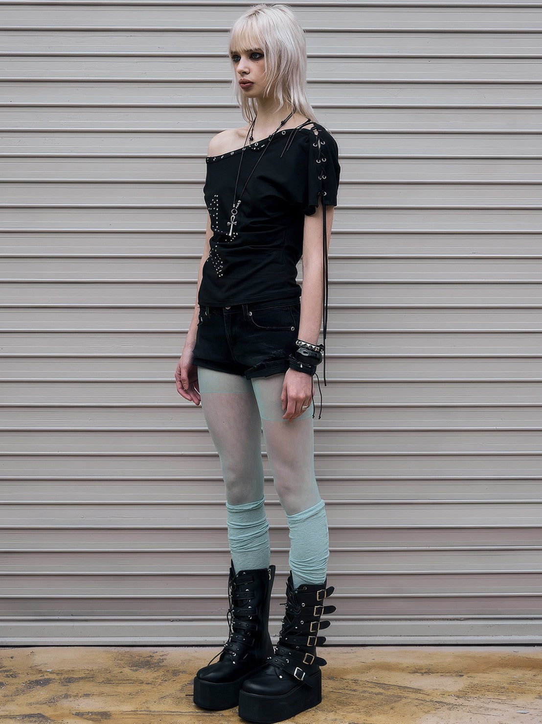 【NOT KNOWING】One Shoulder Lace Up Top