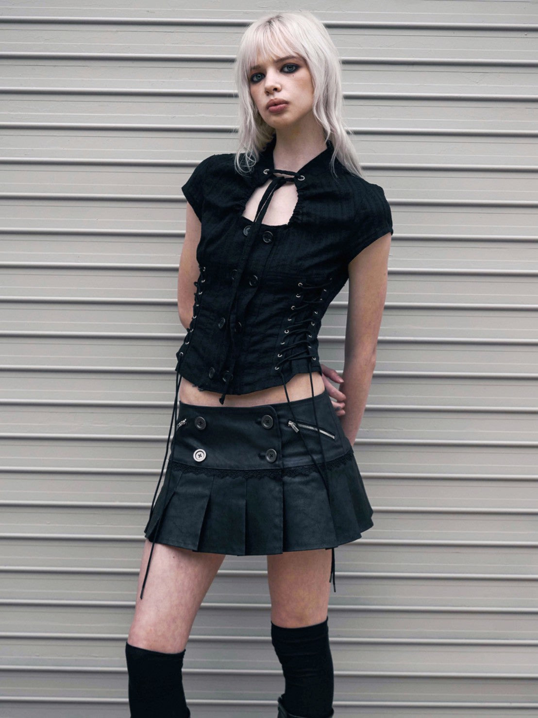 【NOT KNOWING】Double Lace Up Blouse