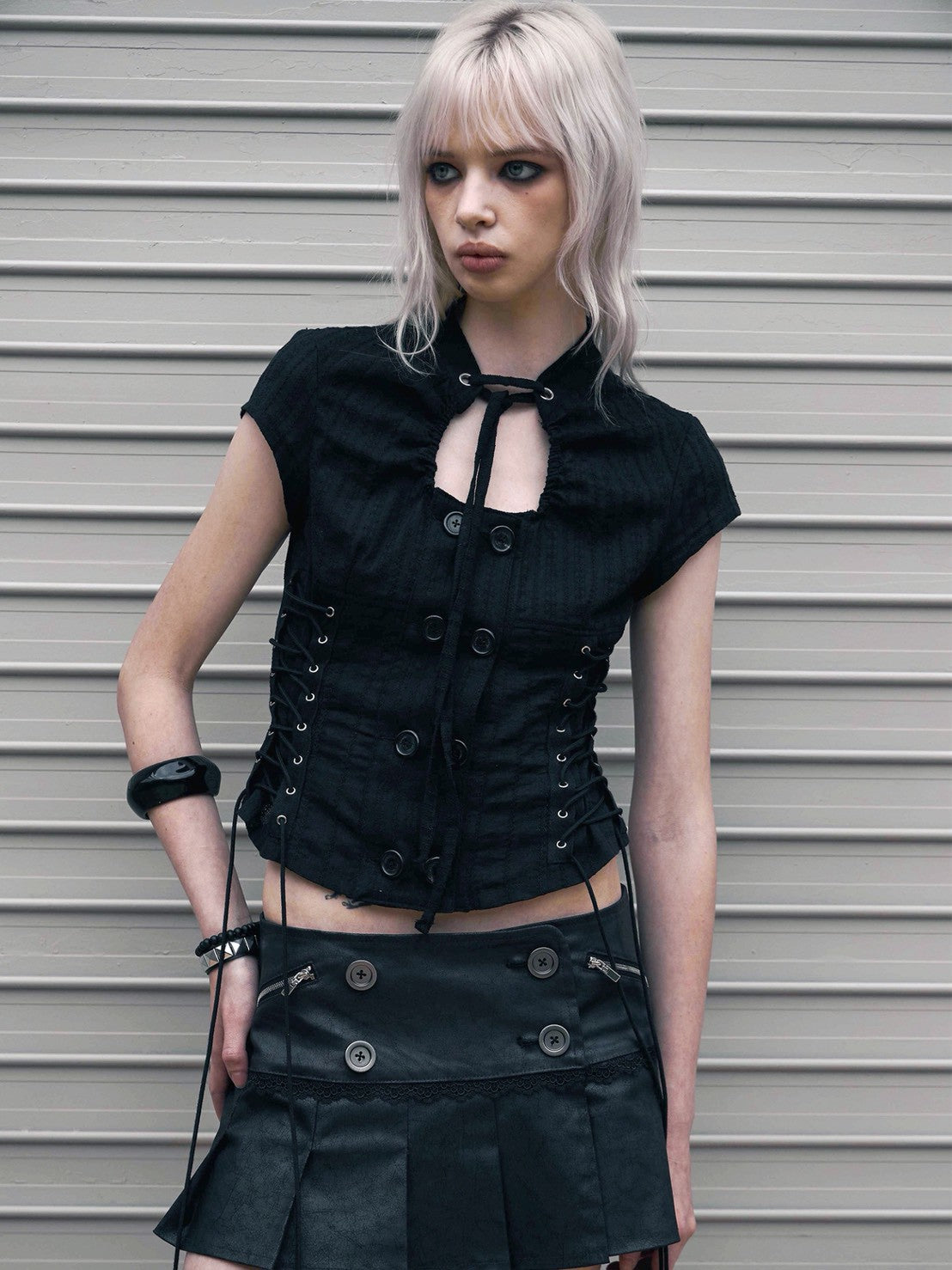 【NOT KNOWING】Double Lace Up Blouse