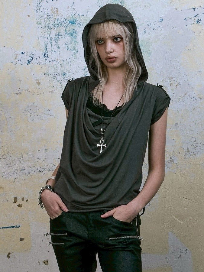 【NOT KNOWING】Mili Drape Half Hoodie