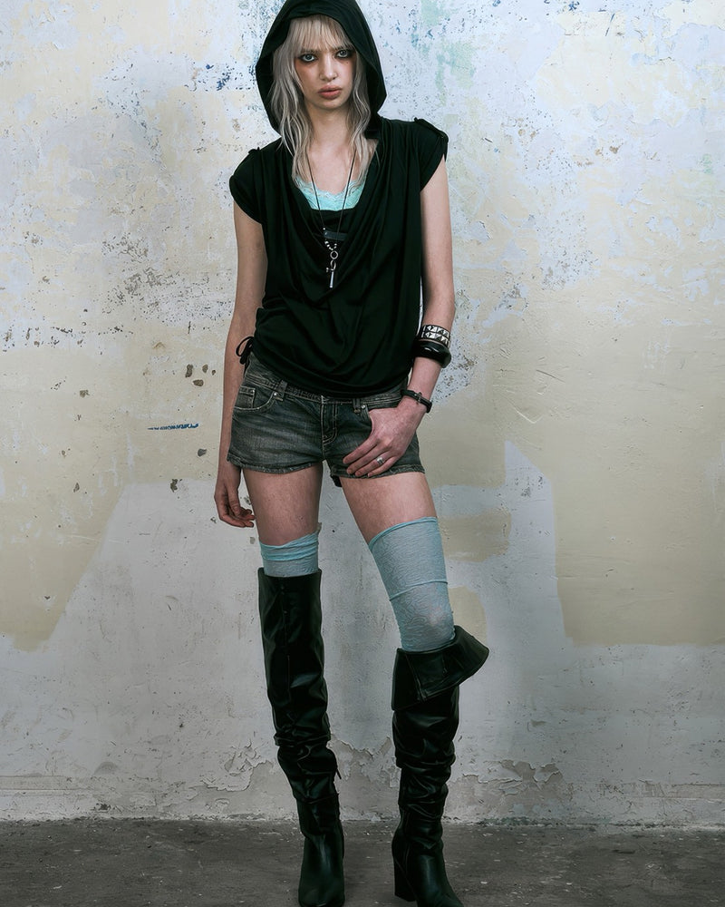 【NOT KNOWING】Mili Drape Half Hoodie