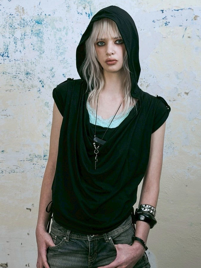 【NOT KNOWING】Mili Drape Half Hoodie