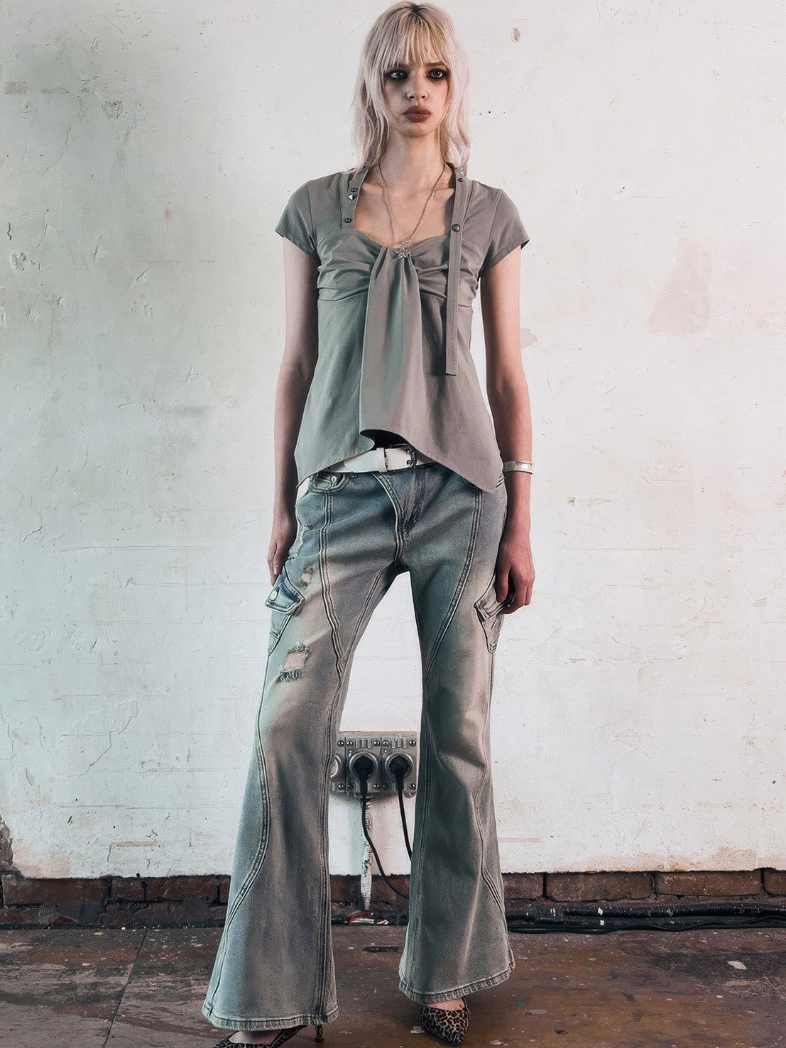 【NOT KNOWING】Ribbon Drape Stud Top