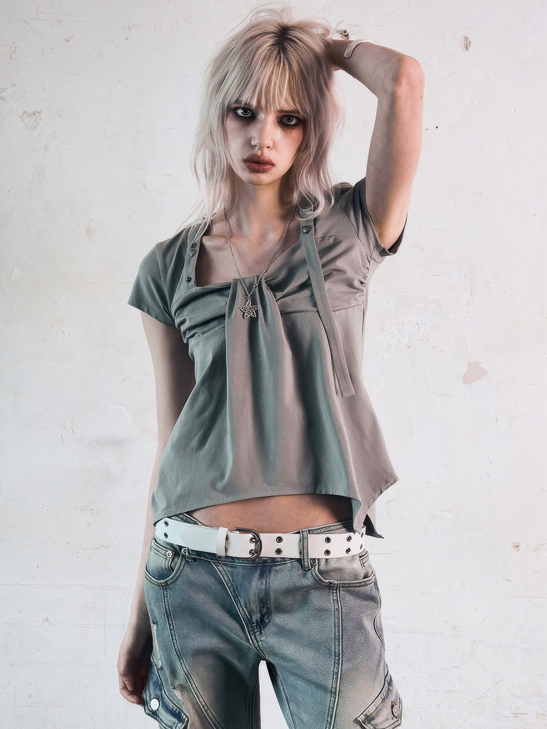 【NOT KNOWING】Ribbon Drape Stud Top