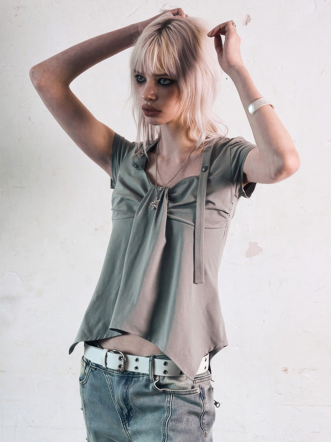 【NOT KNOWING】Ribbon Drape Stud Top