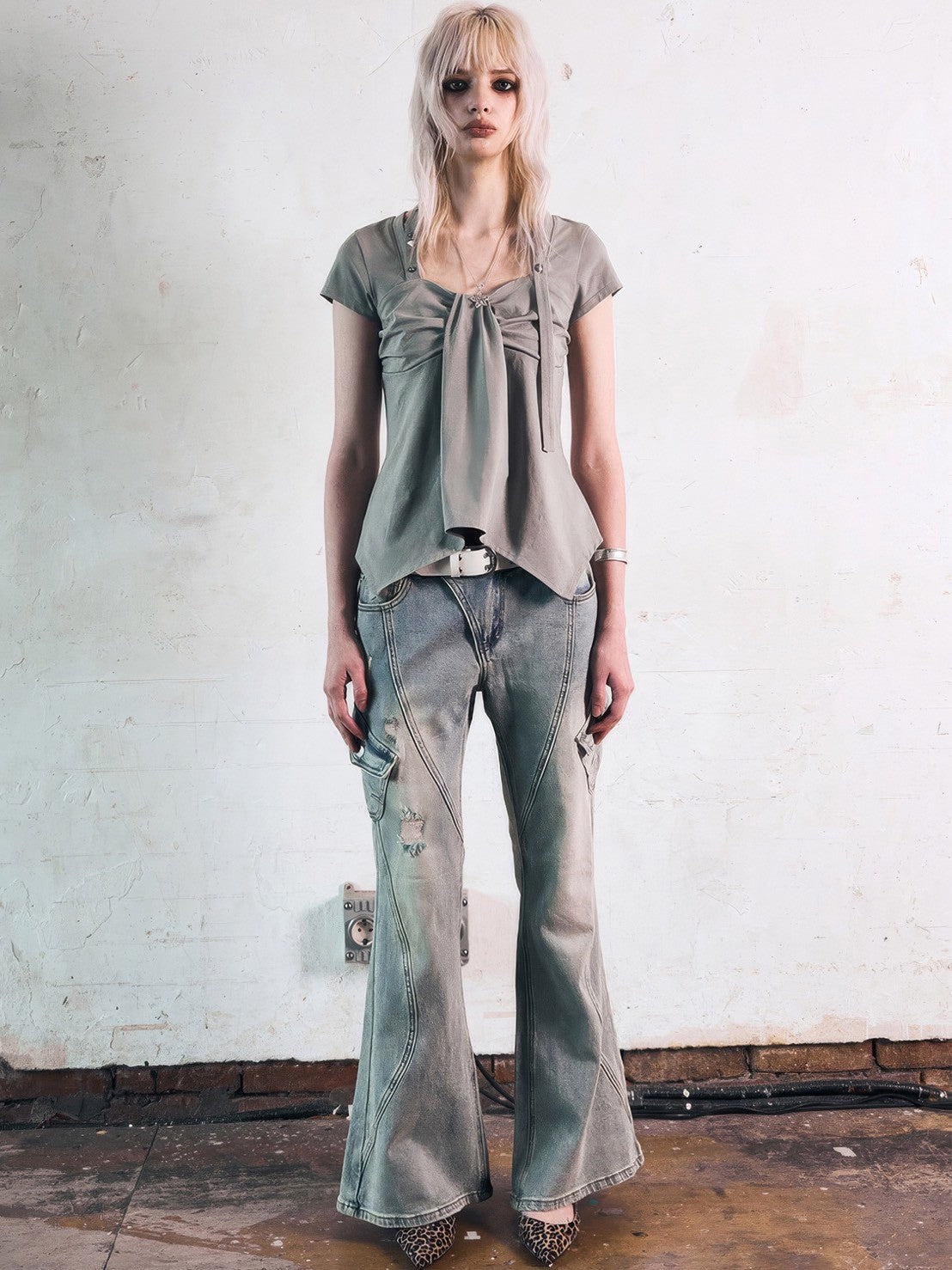 【NOT KNOWING】Ribbon Drape Stud Top