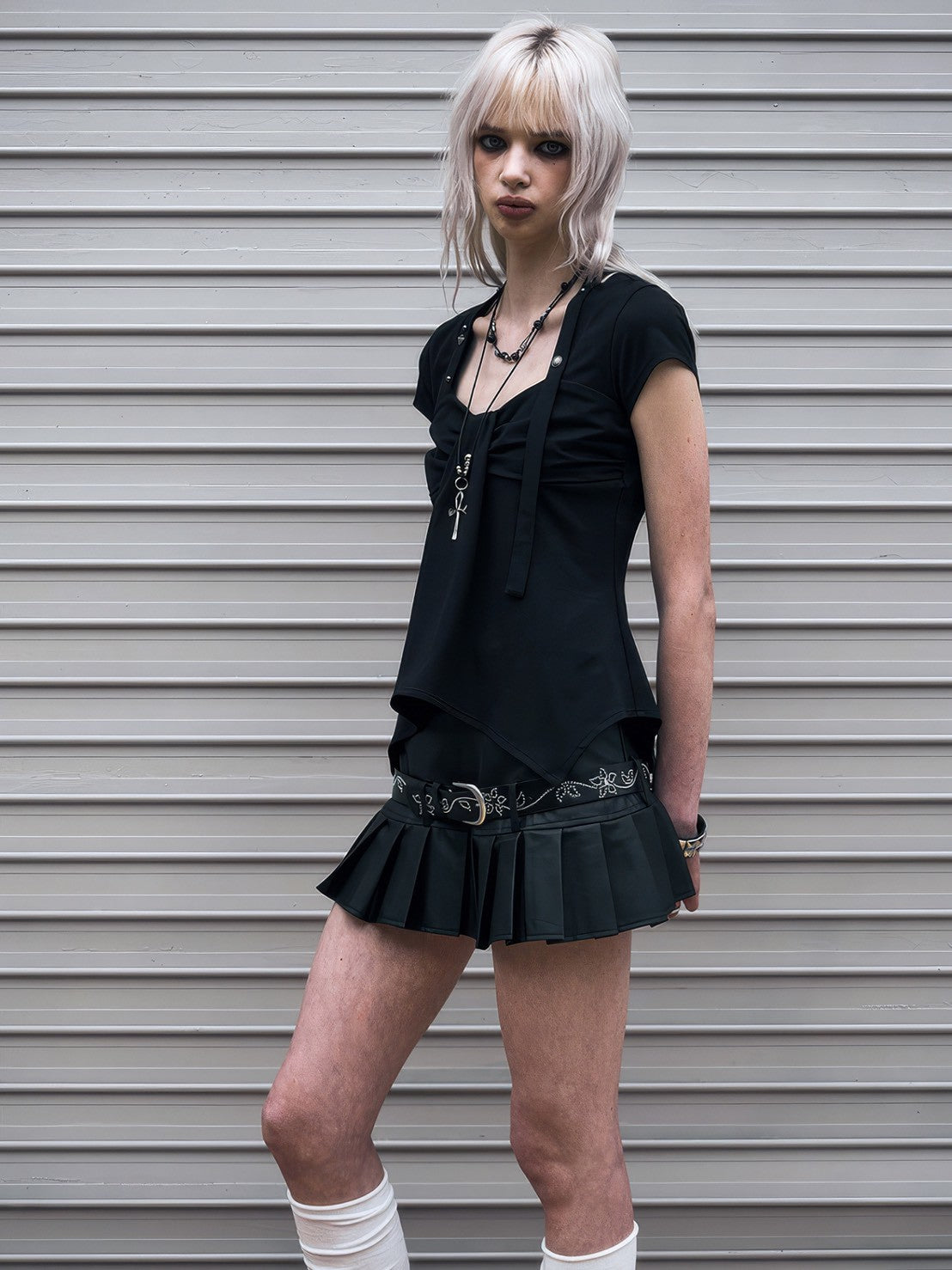 【NOT KNOWING】Ribbon Drape Stud Top