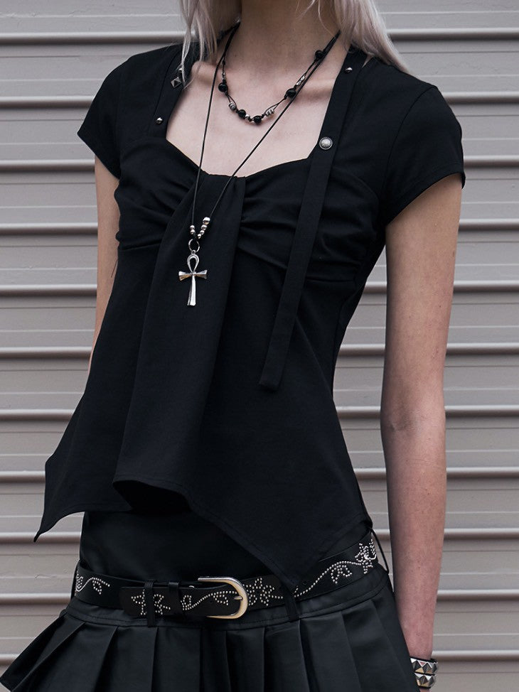 【NOT KNOWING】Ribbon Drape Stud Top