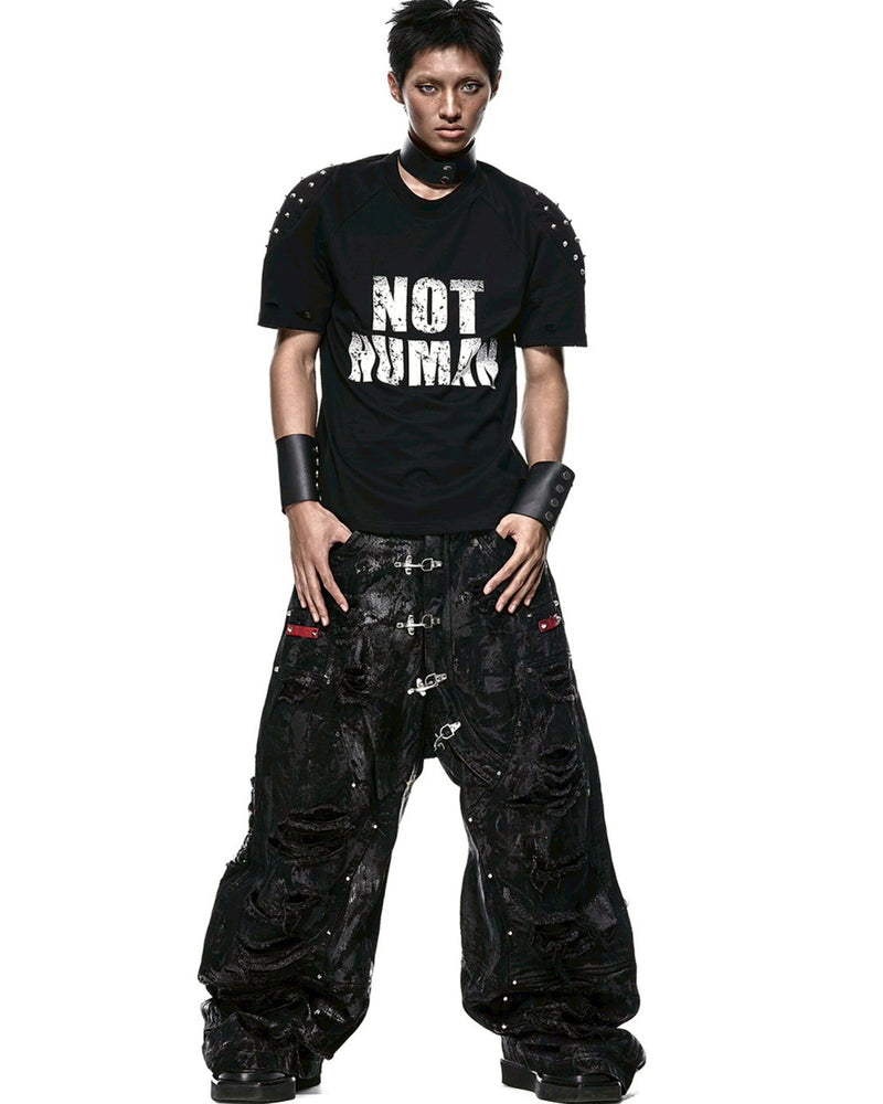 【RICH】BLACK WAXED RIPPED WIDE PANTS