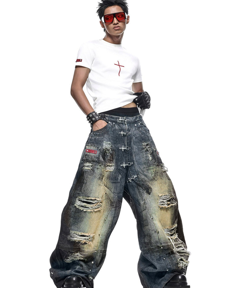 【RICH】DUST WAX RIPPED WIDE PANTS