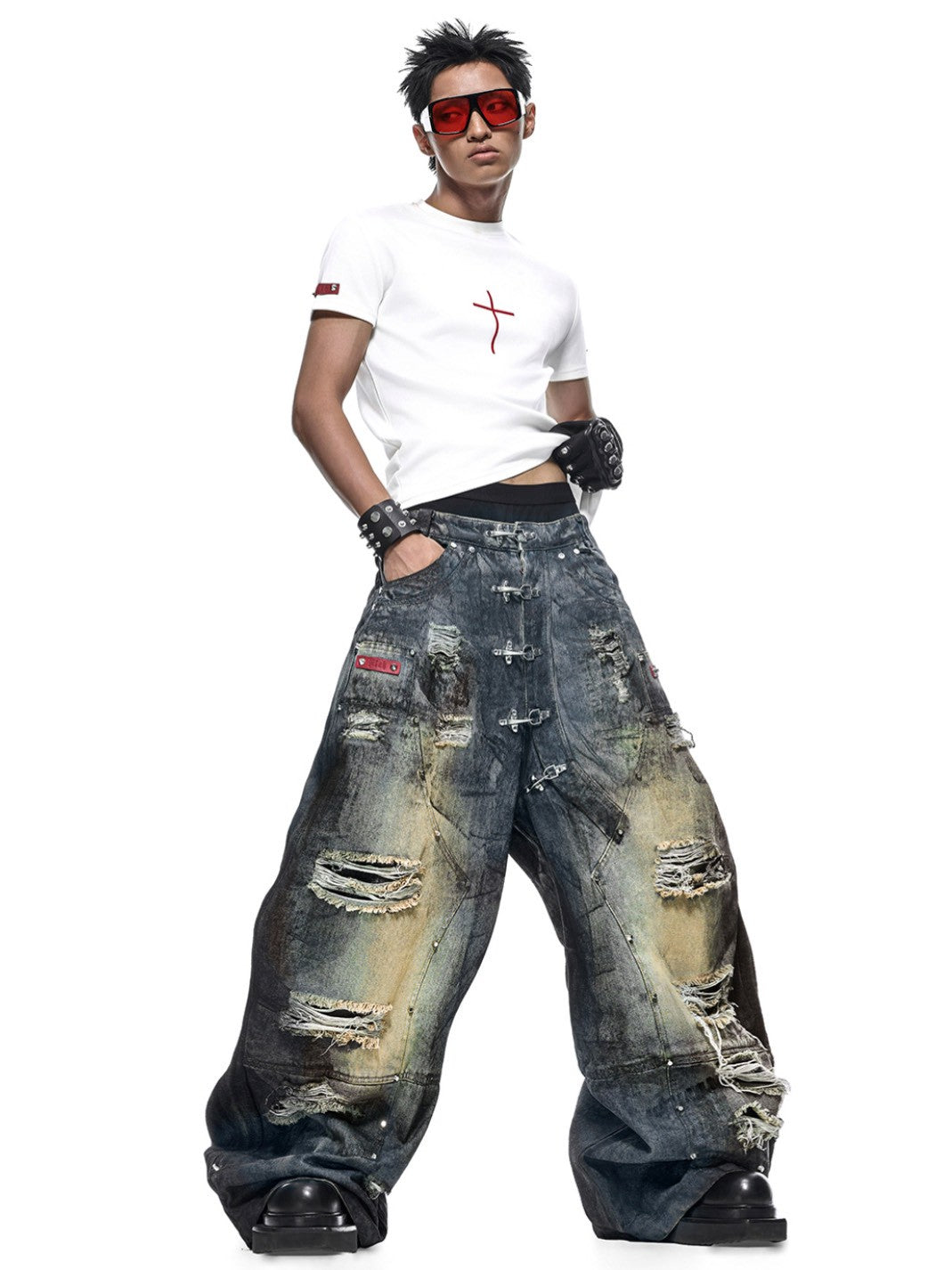 【RICH】DUST WAX RIPPED WIDE PANTS