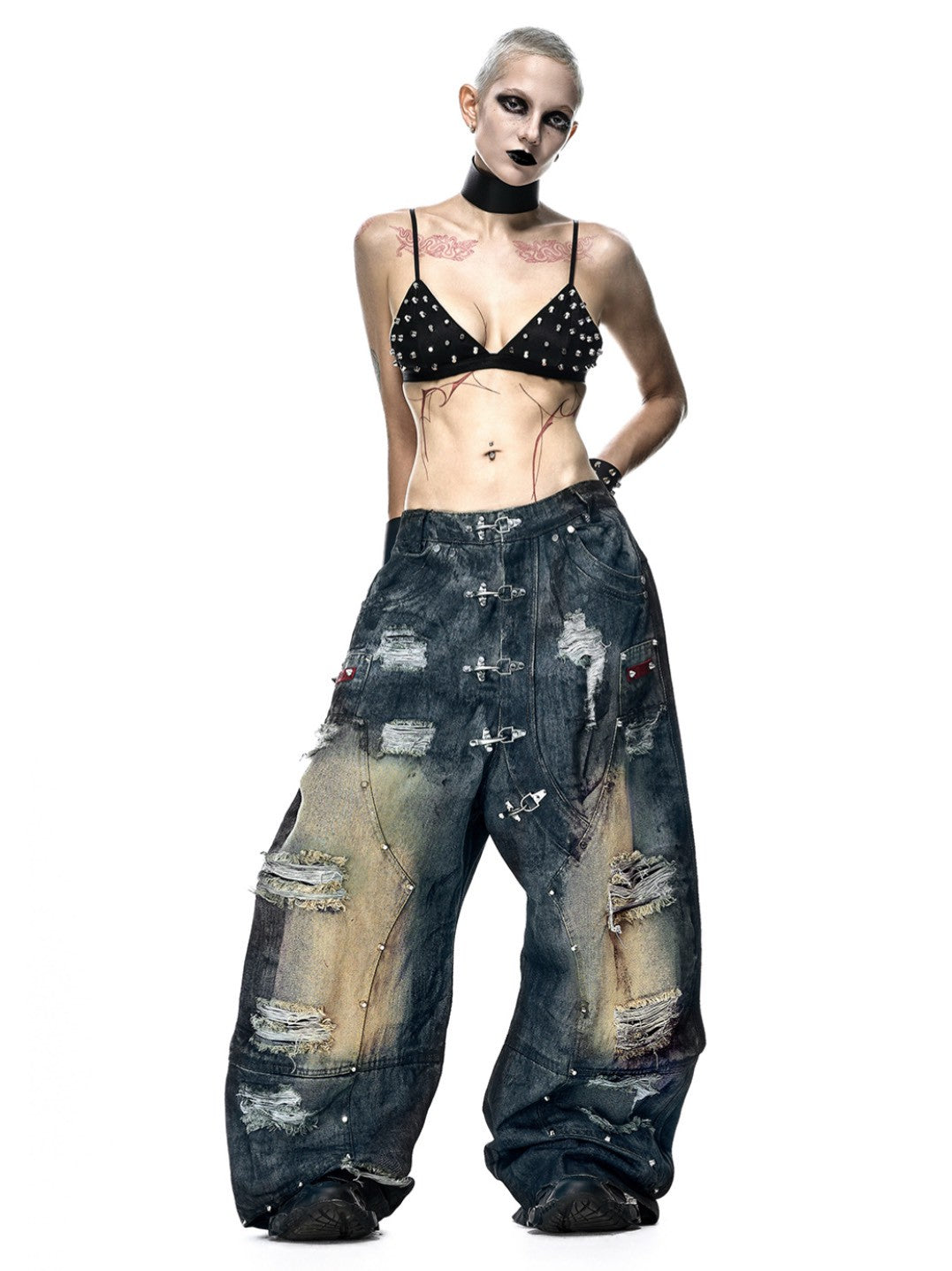 【RICH】DUST WAX RIPPED WIDE PANTS