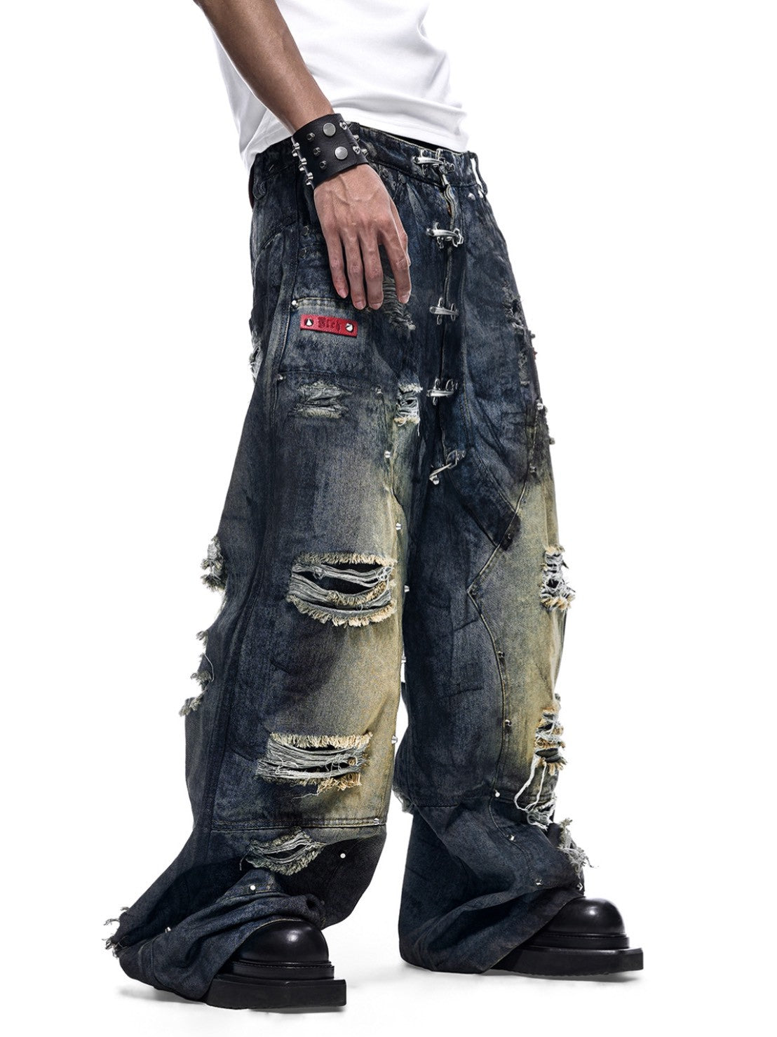 【RICH】DUST WAX RIPPED WIDE PANTS