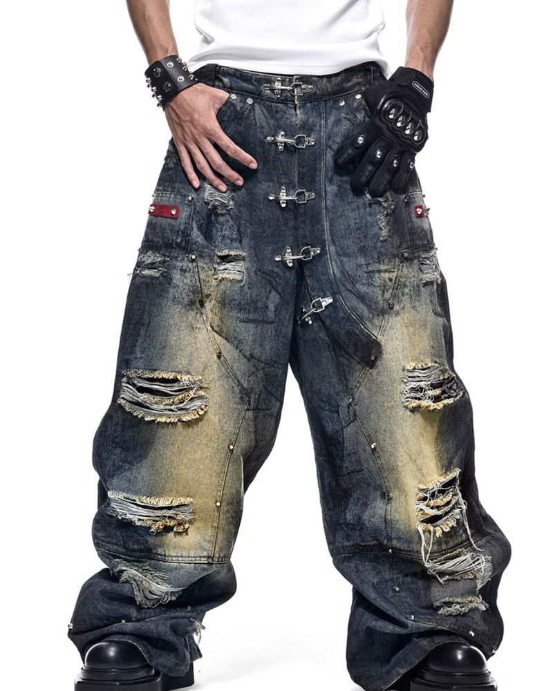 【RICH】DUST WAX RIPPED WIDE PANTS