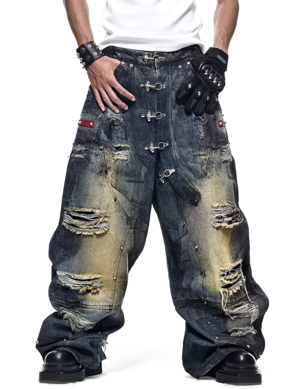 【RICH】DUST WAX RIPPED WIDE PANTS