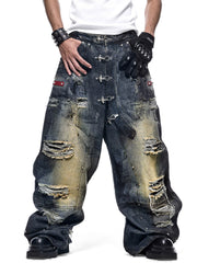 【RICH】DUST WAX RIPPED WIDE PANTS