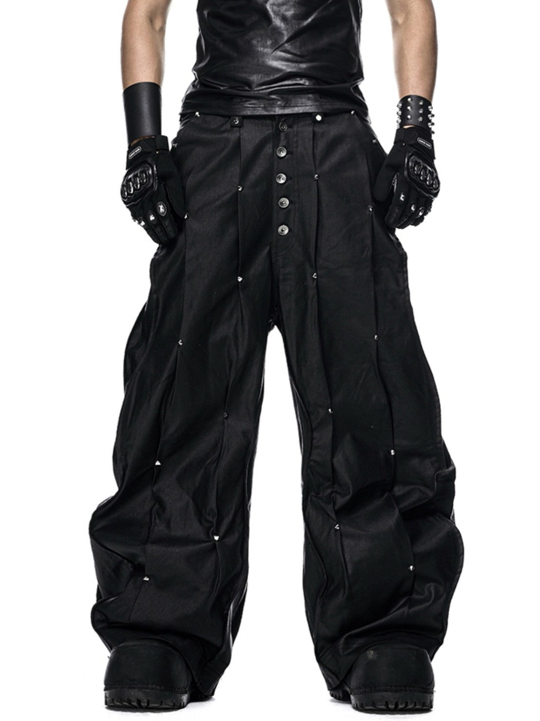 【RICH】MULTI RIVET WAXED WIDE PANTS