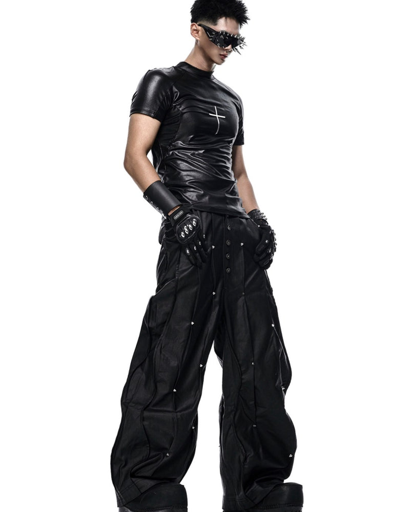 【RICH】MULTI RIVET WAXED WIDE PANTS