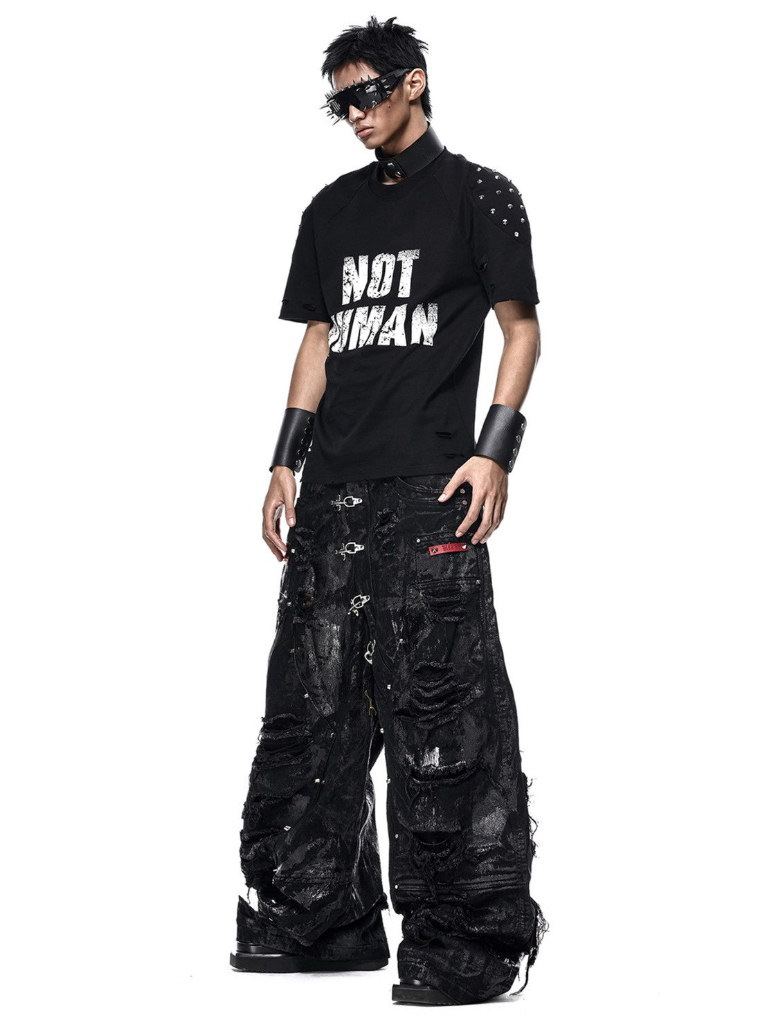 【RICH】BLACK WAXED RIPPED WIDE PANTS