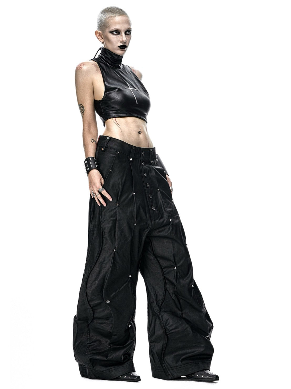 【RICH】MULTI RIVET WAXED WIDE PANTS