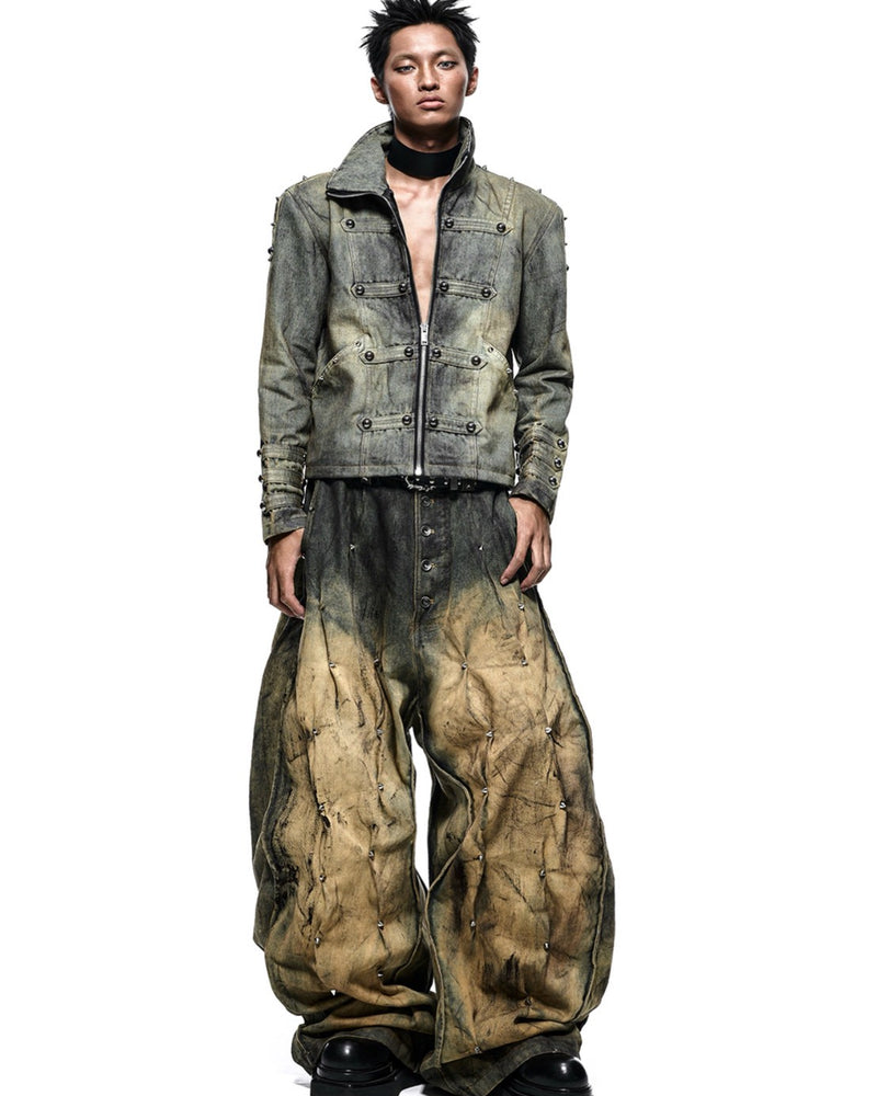 【RICH】MULTI RIVET DIRT WASHED WIDE PANTS