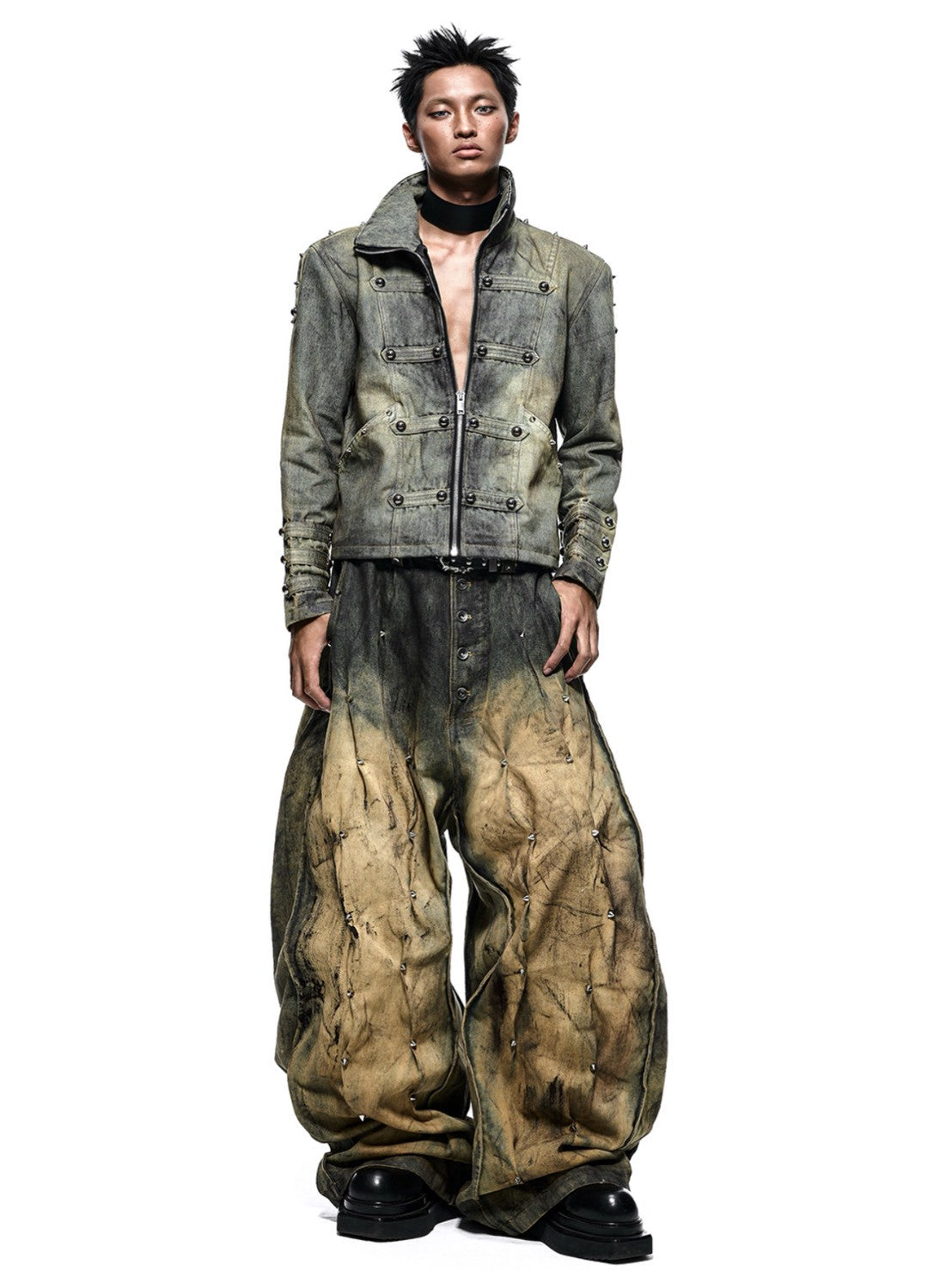 【RICH】MULTI RIVET DIRT WASHED WIDE PANTS