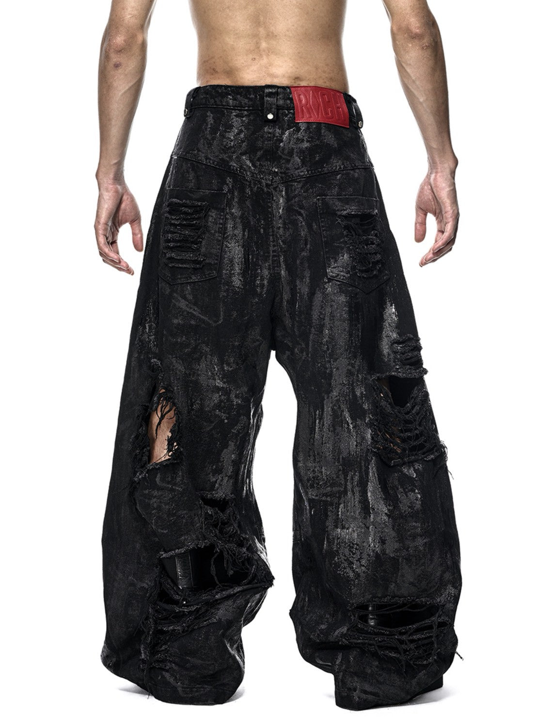 【RICH】BLACK WAXED RIPPED WIDE PANTS
