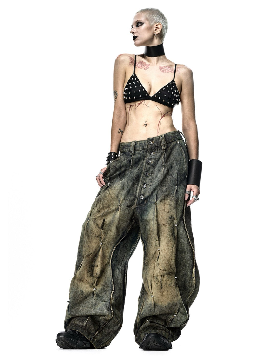 【RICH】MULTI RIVET DIRT WASHED WIDE PANTS