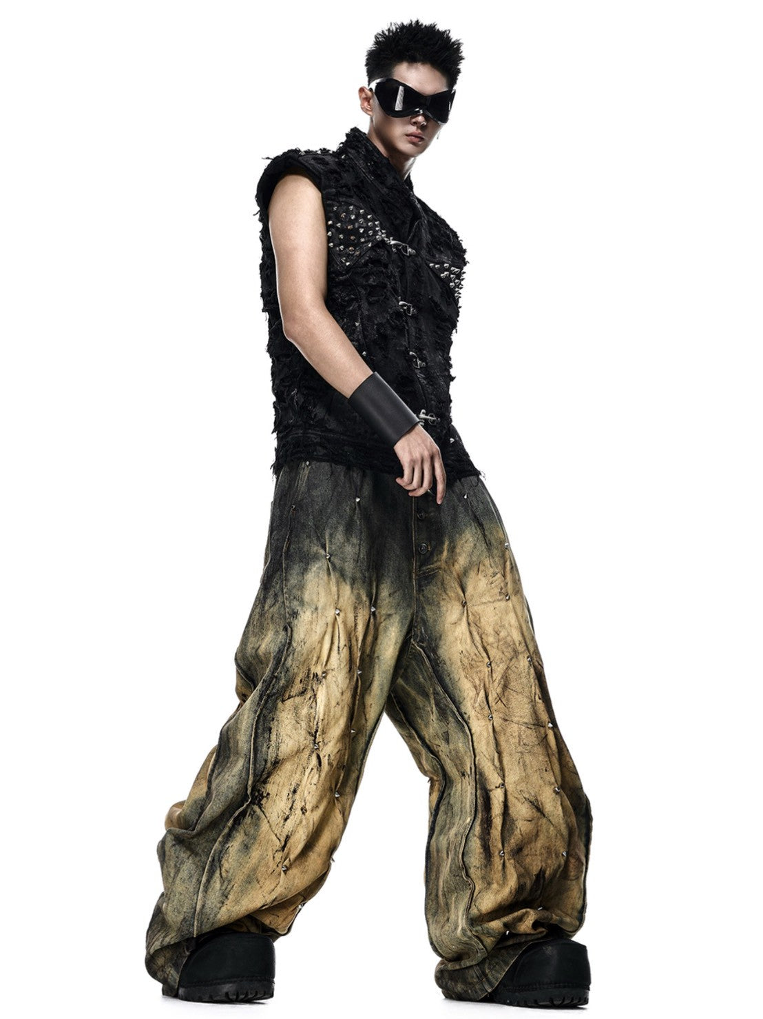 【RICH】MULTI RIVET DIRT WASHED WIDE PANTS
