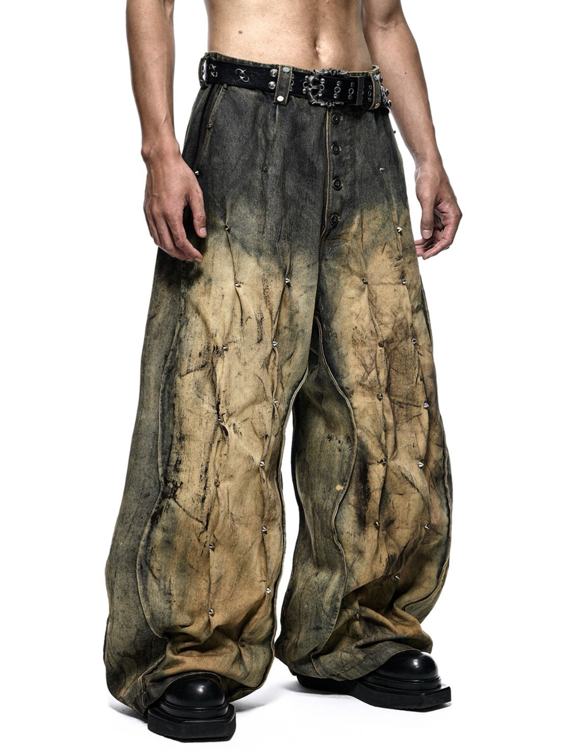 【RICH】MULTI RIVET DIRT WASHED WIDE PANTS