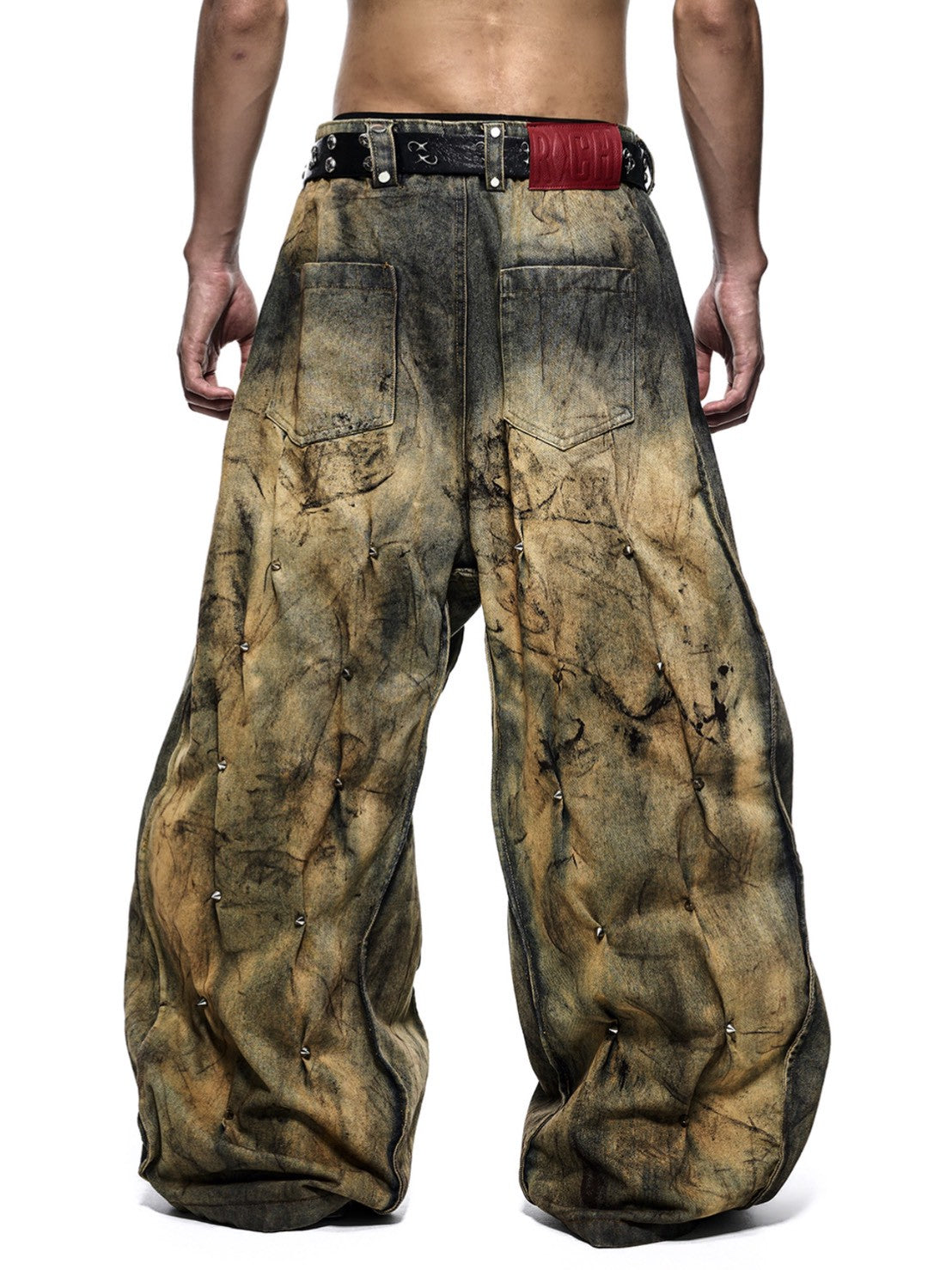【RICH】MULTI RIVET DIRT WASHED WIDE PANTS