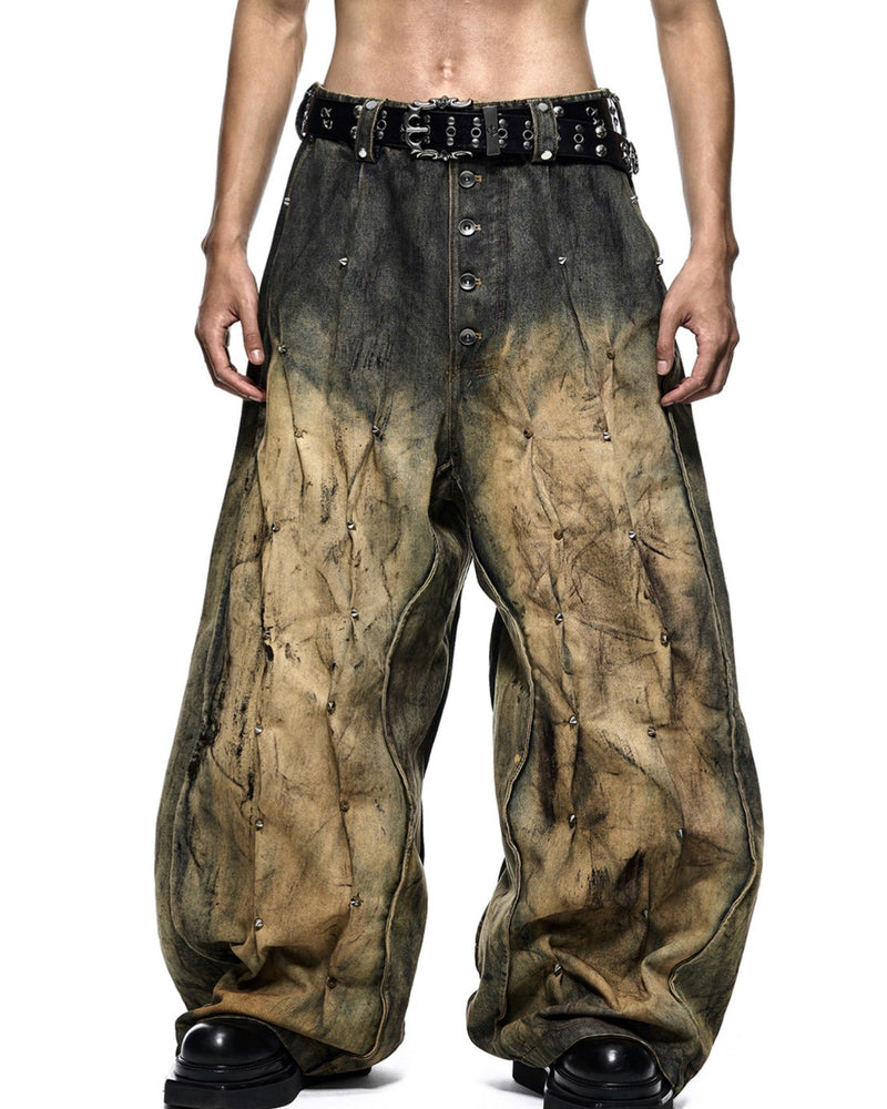 【RICH】MULTI RIVET DIRT WASHED WIDE PANTS