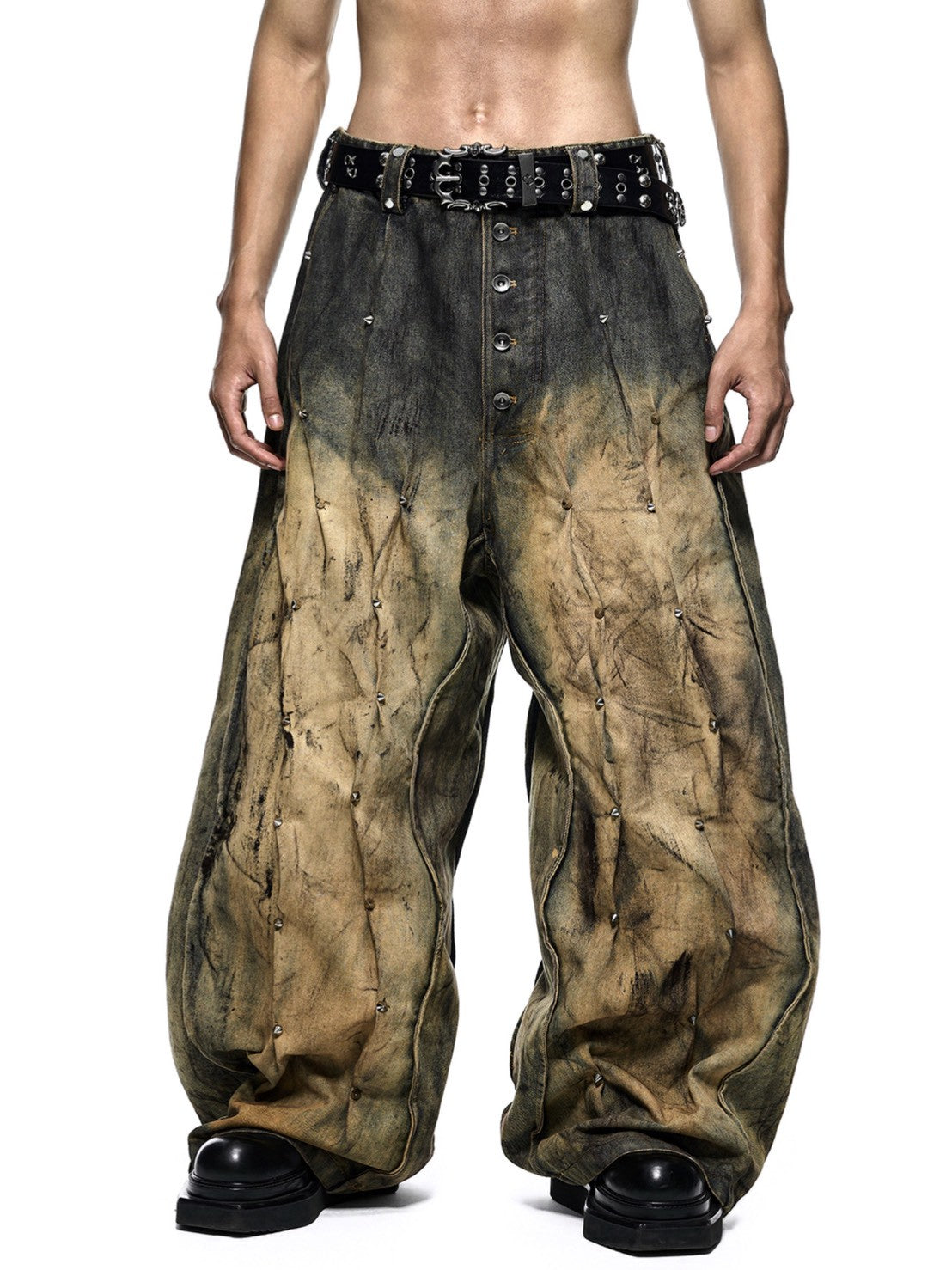 【RICH】MULTI RIVET DIRT WASHED WIDE PANTS