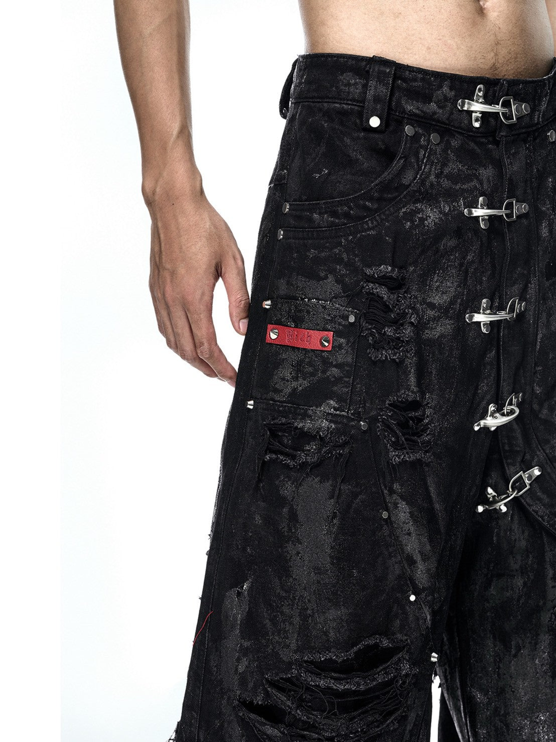 【RICH】BLACK WAXED RIPPED WIDE PANTS