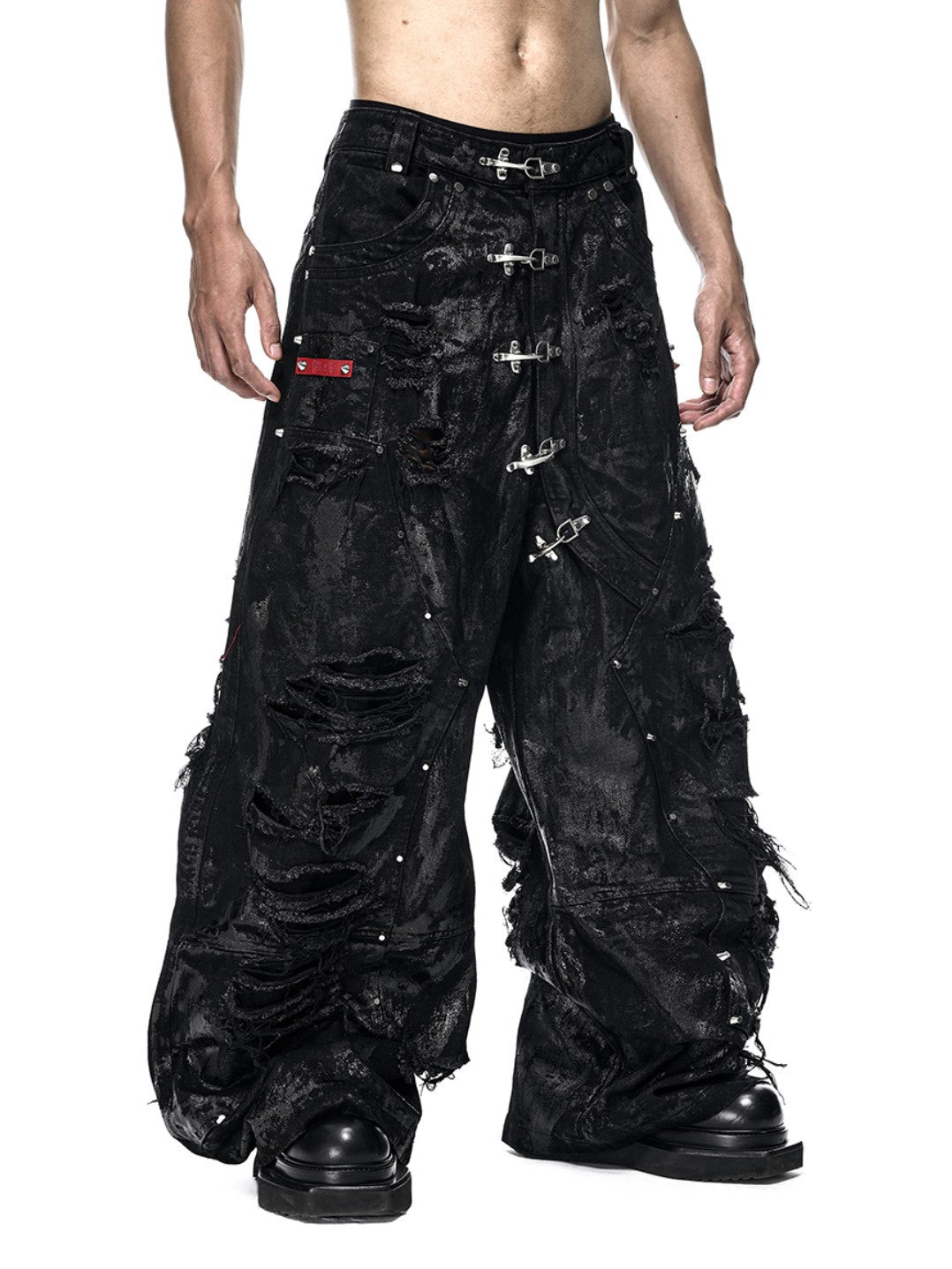 【RICH】BLACK WAXED RIPPED WIDE PANTS